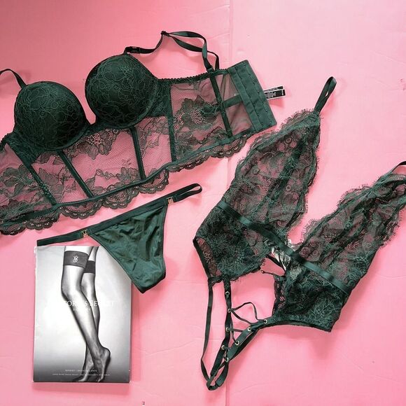 Victoria's Secret 32A BOMBSHELL BRA SET XS+S Teddy EMERALD GREEN lace Crotchless